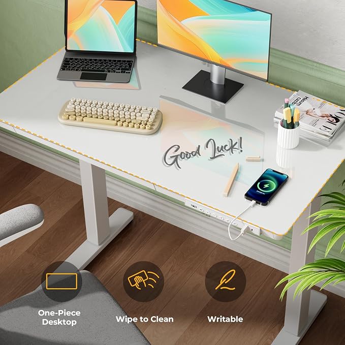 35" Electric Standing Desk with Drawer, One-Piece Glass Top | Quick Install One-Piece Tabletop with USB Charging Ports, Sit Stand Computer Desk with Wheels for Small Space, White