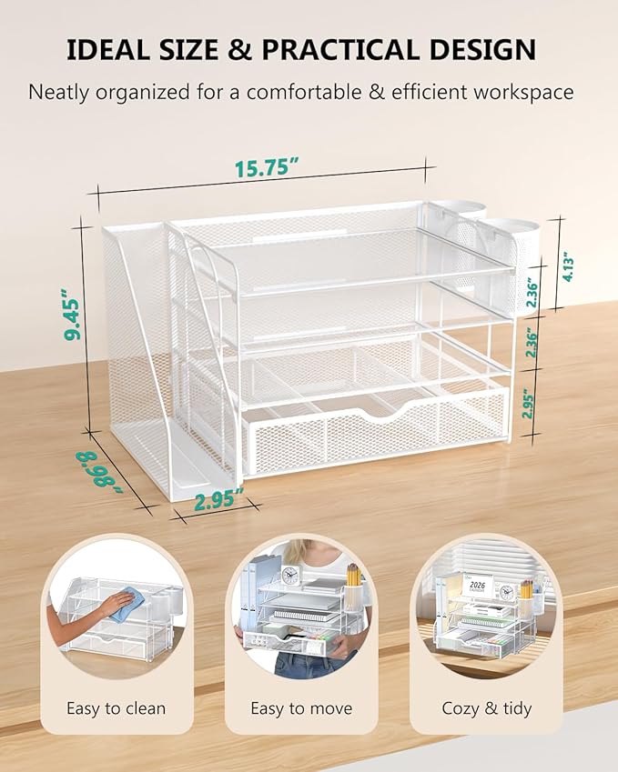 WALI Desk File Organizer, 4 Tier Desktop Paper Letter Tray Organizer with Drawer and 2 Pen Holders, Office Desk Accessories & Workspace Organizers for Office, Home Supplies(DO005DH-W), 1 Pack, White