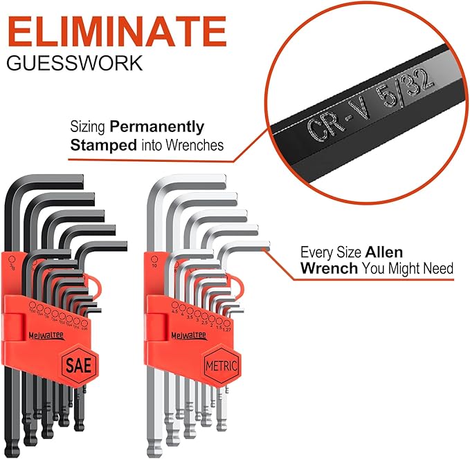 Meiwaltee Allen Wrench Set, 26PCS Metric (1.27-10mm) & SAE (0.05"-3/8") Allen Key Set, L-Hex Key Set With Long Arm Ball End,Visible Size-Marked For Bicycle - Appliance Repair, Furniture Assembly