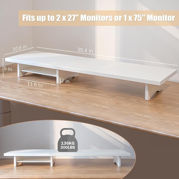 Bamboo Dual Monitor Stand Riser White, 2-Tier Desk Monitor Riser for 2 Monitors, Supports for PC Computer Monitor, Printer, Heavy TV Riser up to 300 lbs, White