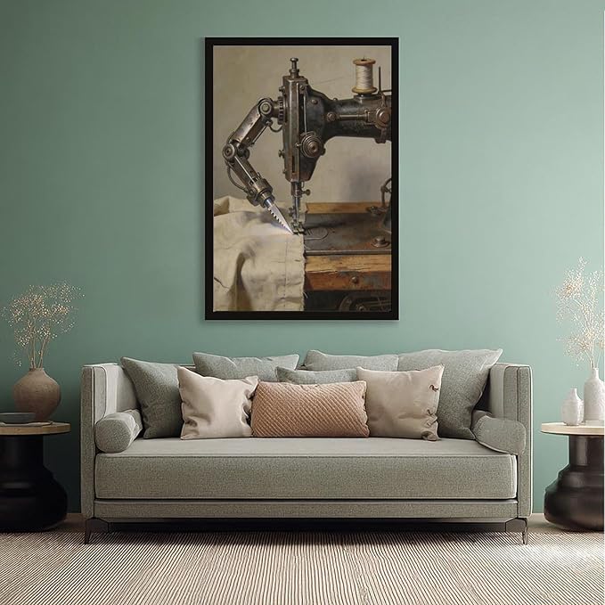 Framed Steampunk Mechanical Sewing Machine Wall Art - Retro Industrial Workshop Poster for Home Office Studio Decor 24x36in