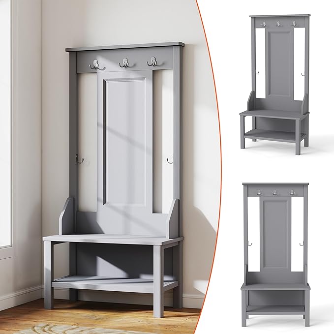 65" Farmhouse Hall Tree with Bench - 3-in-1 Entryway Organizer: Shoe Rack, Coat Hooks & Storage Shelves for Mudroom, Hallway (Gray)