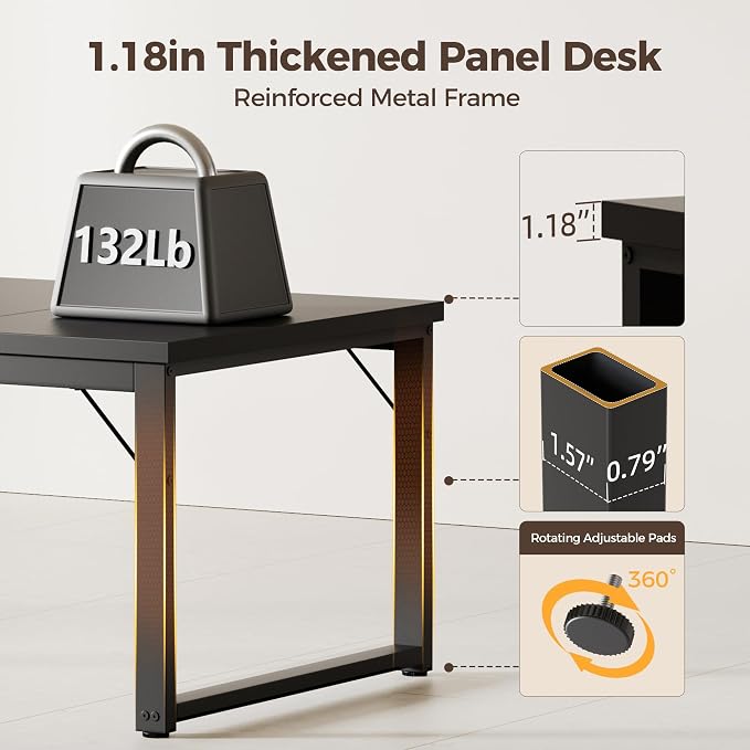 Mericonia 63 Inch Computer Desk with Power Outlets, 1.2" Thick Office Table | Modern Simple Style, Heavy Duty Industrial Frame, Large Study & Writing Table for Home Bedroom Work, Black