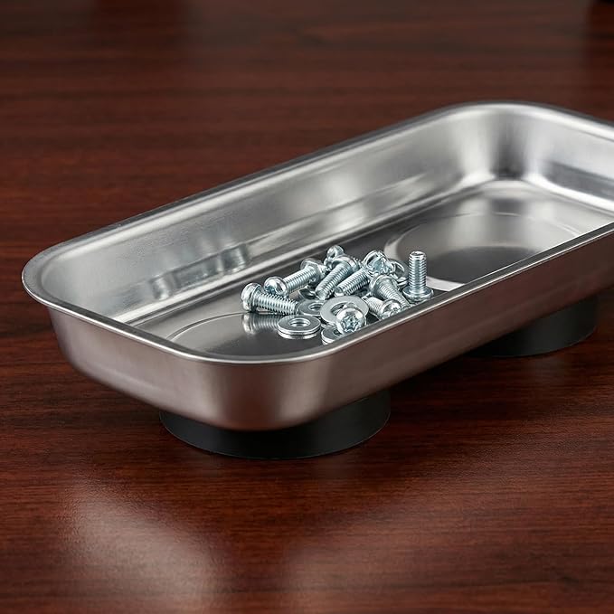 JEUIHAU 12 Packs Magnetic Tray, Stainless Steel Magnetic Parts Tray, Silver Magnetic Tool Tray for Collecting Wrenches, Screws, Bolts, Nuts, Small Parts, 3.6 x 2.4/5.9 x 2.5 Inches