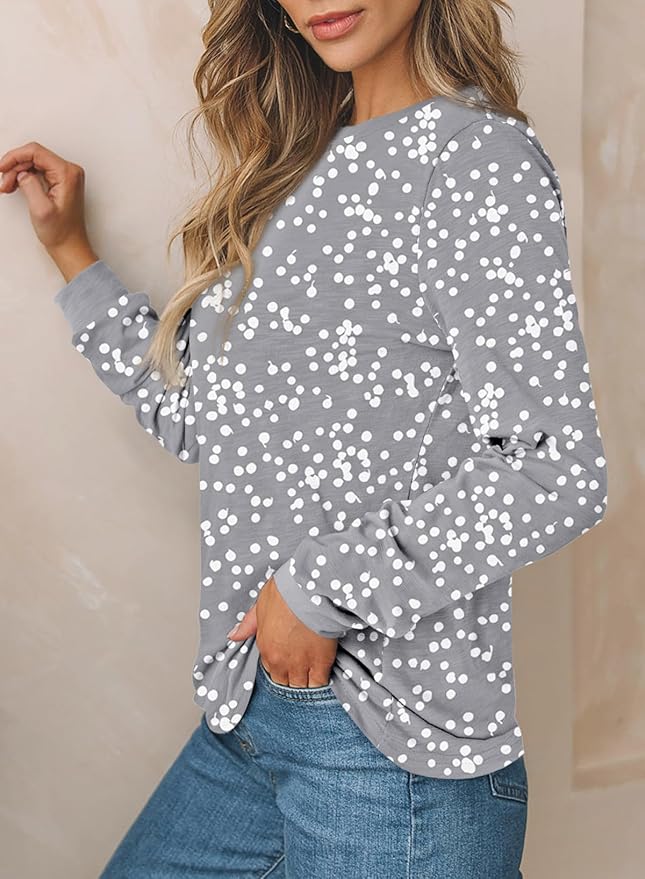 EVALESS Womens Crewneck Long Sleeve Tops Casual Polka Dots Tops Fall 2026 Tshirts Shirts