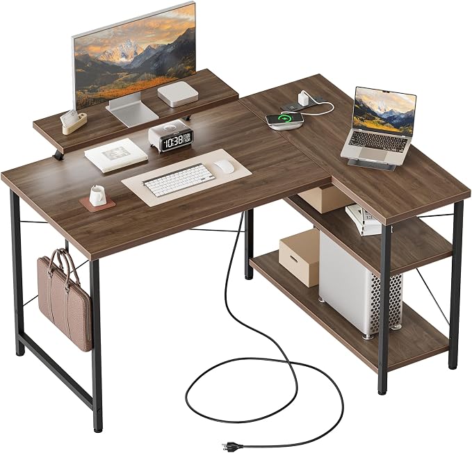 Mericonia 48 in Corner Desk with Monitor Stand, Small L Shaped Gaming Desk | Reversible Computer Desk with Power Outlets, LED Light & Storage Shelves, Office Table for Home Bedroom Study Work Writing