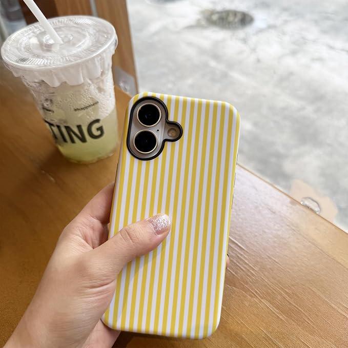for iPhone 16 Case Striped Cute Aesthetics Phone Case Trendy Protective Shockproof Cover for iPhone 16 Yellow White