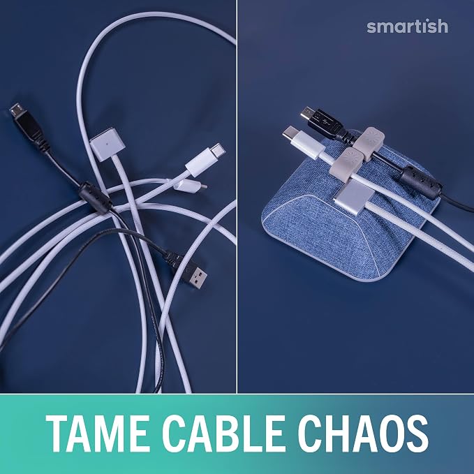 Smartish® Magnetic Cord Holder - Cable Wrangler Organizer with Magnet Clips for Charger Management on Desktop, Nightstand for USB-C + Lightning - Blue Jeanie