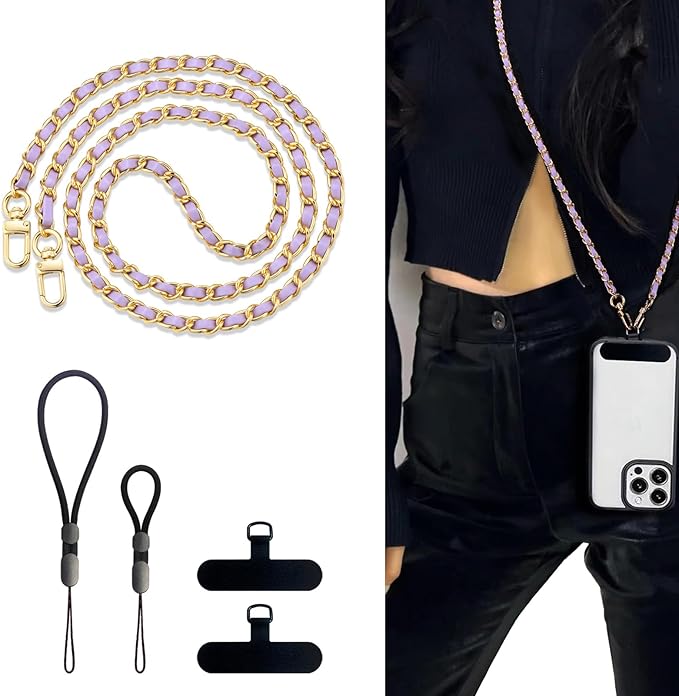 BFSD��DM Phone crossbody strap, 2�� Pads,1�� Leather Phone Strap,1�� Phone Wrist Strap,1�� Adjustable Finger Strap,Universal Crossbody Patch Phone Lanyards,Compatible with Most Smartphones(purple-48in)