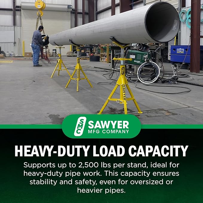 Sawyer Mfg Company Folding V Head Pipe Stand - Heavy Duty Steel Tripod Welding Jack Stand for Pipe Support, Threading, Grooving & Cutting - Adjustable Height 28" to 52" - Portable, Compact & Durable