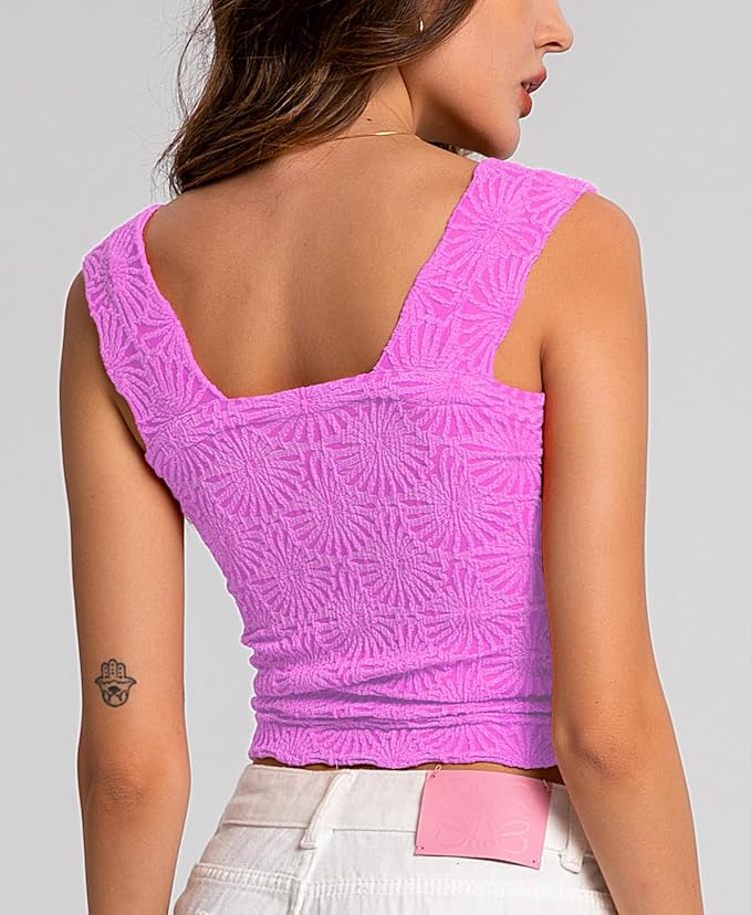 Women's Square Neck Wide Strap Crop Tank Tops Flower Going Out Tops Slim Fit Lettuce Trim Crop Cami Tops