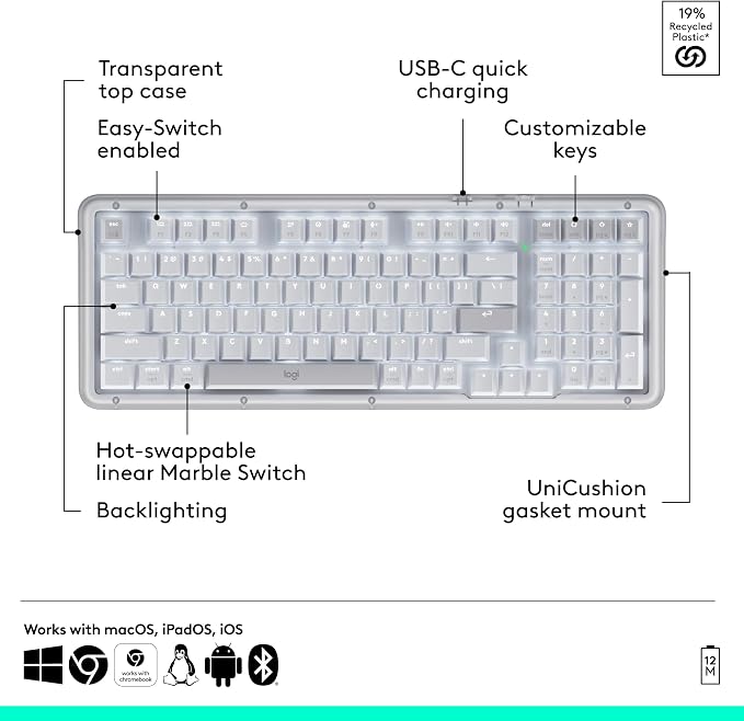 Logitech Alto Keys K98M Wireless Mechanical Gasket Keyboard - Off White | Customizable, clicky, vibration absorbing gasket, white backlit keys, Bluetooth, USB-C charging, for PC, Mac, Laptops