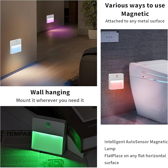 ASAWASA LED Motion Sensor Night Light, 7 Colors Rechargeable Magnetic Decor Wall Lights, Dimmable, Suitable for Bathroom hallways bedrooms Kitchen cabinets Staircase(4 Pack)