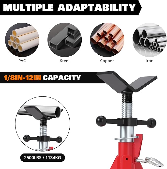 Heavy-Duty Pipe Jack Stand V-Head Bracket Load Capacity 2500 LBS Suitable for 1/8“ to 12” Pipes 28“ to 52” Adjustable Height Folding Legs for Welding Threading Hole Cutting