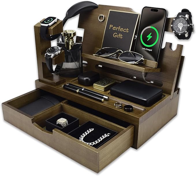Nightstand Organizer for Men with Large Drawer, Wood Phone Docking Station for Phone, Apple Watch, Wallet & Keys, Ideal Birthday Gift for Father Husband, Bedside Desk Organizer (Brown)