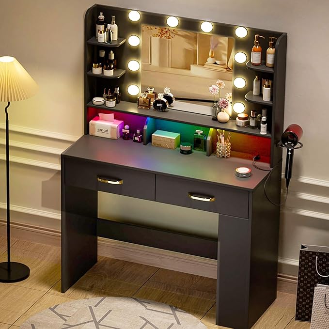 COMHOMA Vanity Desk with Lighted Mirror and Power Outlet, RGB LED Lights Makeup Vanity Set for Girls, Large Storage Capacity Dressing Table for Bedroom, 3 Lighting Modes Adjustable Brightness, Black