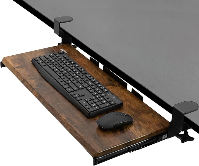 VIVO Vintage Brown Large 27 x 11 in Under Desk Keyboard Tray, MOUNT-KB05N | Keyboard Tray for Typing, Slide Out Platform, Rustic, Extra Sturdy C-Clamp Mount System, Computer Drawer, Black Frame