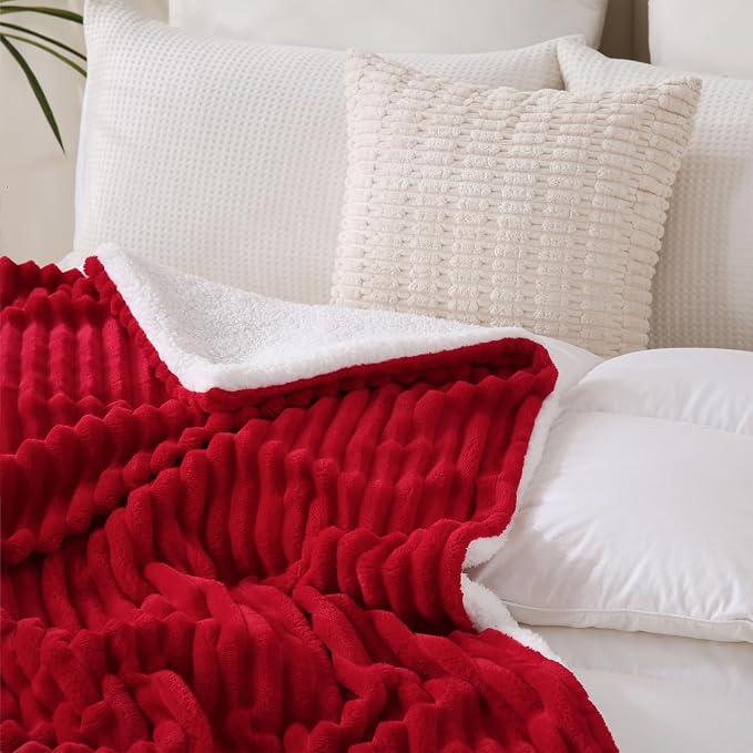 Red Sherpa Fleece Throw Blanket 90”×90”for Couch Sofa Bed | Double Side Soft Fuzzy Cozy Plush Thick Flannel Blanket with Striped Design Gift for Adults,Woman