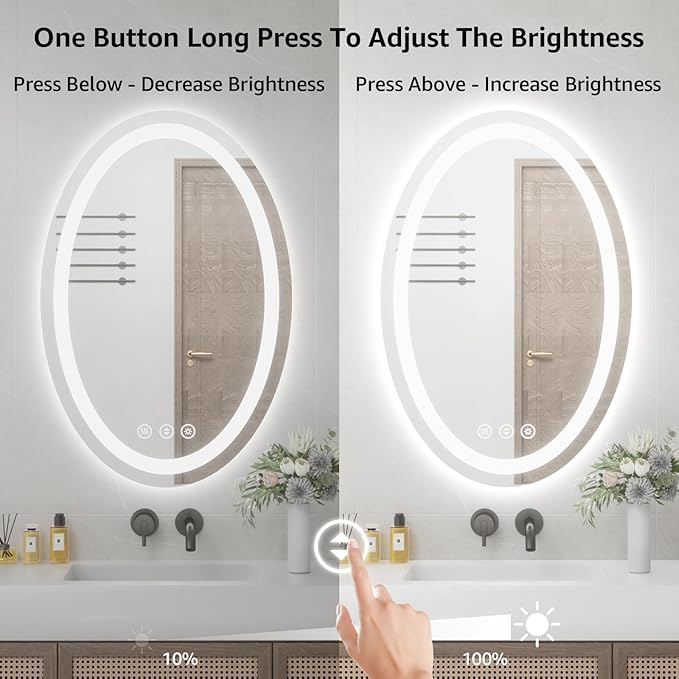 24"x36" Oval LED Mirror for Bathroom,Lighted Bathroom Vanity Mirror with Lights - Anti-Fog,Front Light and Backlit, Dimmable, 3 Colors,Mirror with Touch Sensor,Espejos para Baños