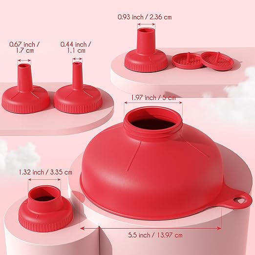 Pisol Wide Mouth Versatile Funnel, Canning Funnels for Kitchen Use, Food Grade Plastic Cooking Funnel Set with 4 Size Spouts and 2 Strainers for Filling Different Bottles and Bags, Red