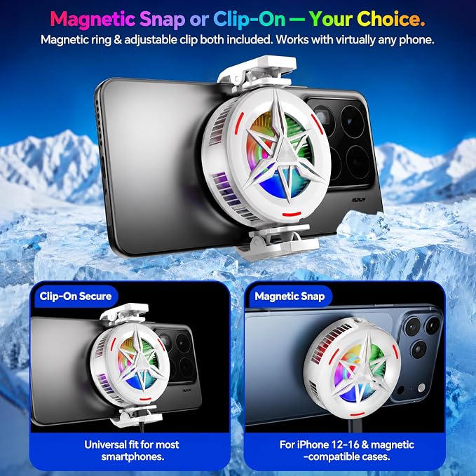 Basics RGB Magnetic Phone Cooler, Low Noise USB Gaming Cooling Fan, Magnetic Ring & Clip Compatible with iPhone/Andriod Phone