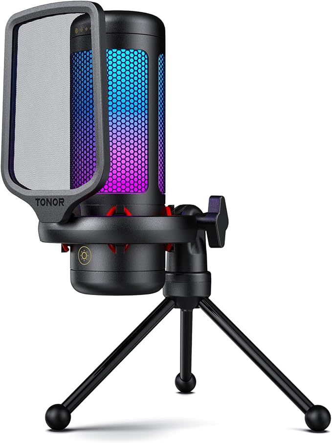 TONOR Gaming Microphone Set, PC Condenser Mic with RGB for Gamers | Desktop Stand Set, Quick Mute, Volume Control, for Twitch Streaming, Discord Chatting, 200 cm/78'' Cable, Black, TC310