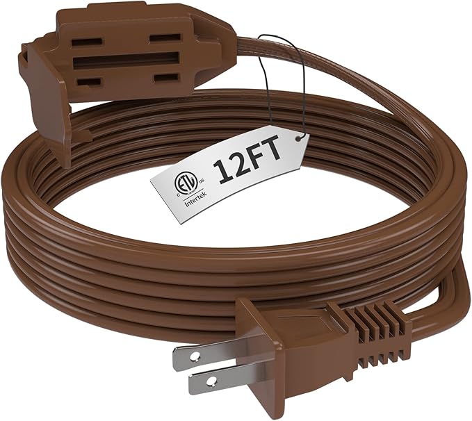 PLUGTUL Indoor Brown Extension Cord 12 Feet, 3-Outlet Household Extension Cord, 2 Prong, 16 Gauge, 3 Polarized Outlets with Safety Cap Protect for Home Office, 16/2 SPT-2 ETL Listed…