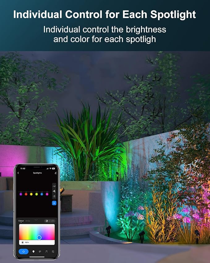 Ligency Spotlight Outdoor Smart Low Voltage Landscape Lights, 6 Pack Outdoor Spot Lights IP65 Waterproof RGBW Color Changing Spotlights for Yard Garden, 54Ft