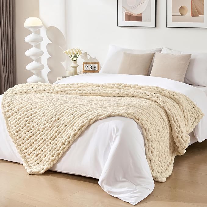 Bigacogo Chunky Knit Throw Blanket for Couch, 80x90 inches, Beige | Hand Knit with Jumbo Chenille, Soft Breathable Cable Knit for Sofa Bed Living Room, Machine Washable, Gift for Mom Friend