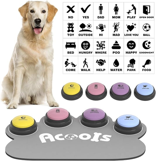 4 Pcs Dog Talking Button Set, Dog Buttons for Communication, 30s Recordable Voice Pet Buzzer Training Buttons, Speaking Button for Dogs with Anti-Slip Dog Buttons Talk Mat and 24 Scene Stickers