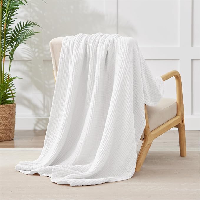 100% Cotton Muslin Blanket Queen 90" x 90", 6 Layers Breathable and Lightweight Cotton Throw Blanket for Bed, Soft Quilt Bedspread Coverlet, Gauze Blanket for Adults All Season, White