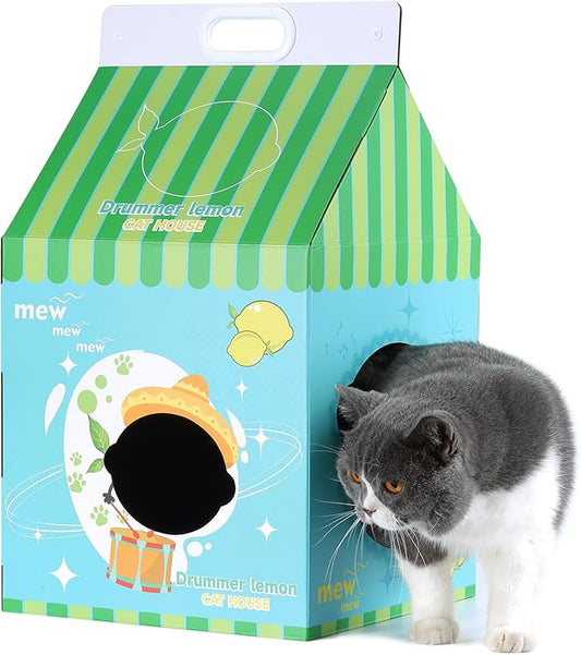 Cardboard Cat House with Scratcher - Blue Lemon Carton Milk Box -13''L x 13''W x 22.5''H for Cats up to 16 Lbs - Portable Handle for Easy Transportation - Indoor Cat Playhouse & Hideaway