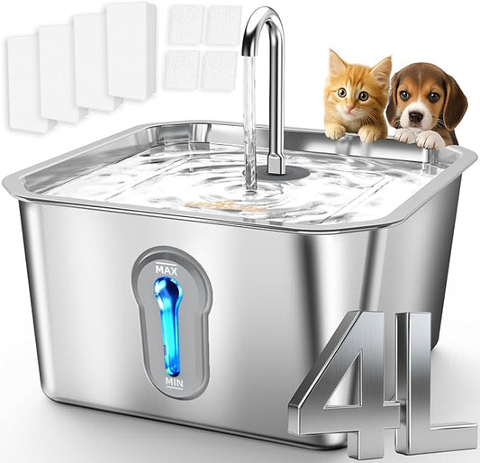 Cat Water Fountain Stainless Steel 135oz/4L Pet Water Fountain for Cats Indoor with 8 Filters Pets Dog Small Animal Automatic Dog Water Dispenser with 4 Filters 4 Sponge Quiet