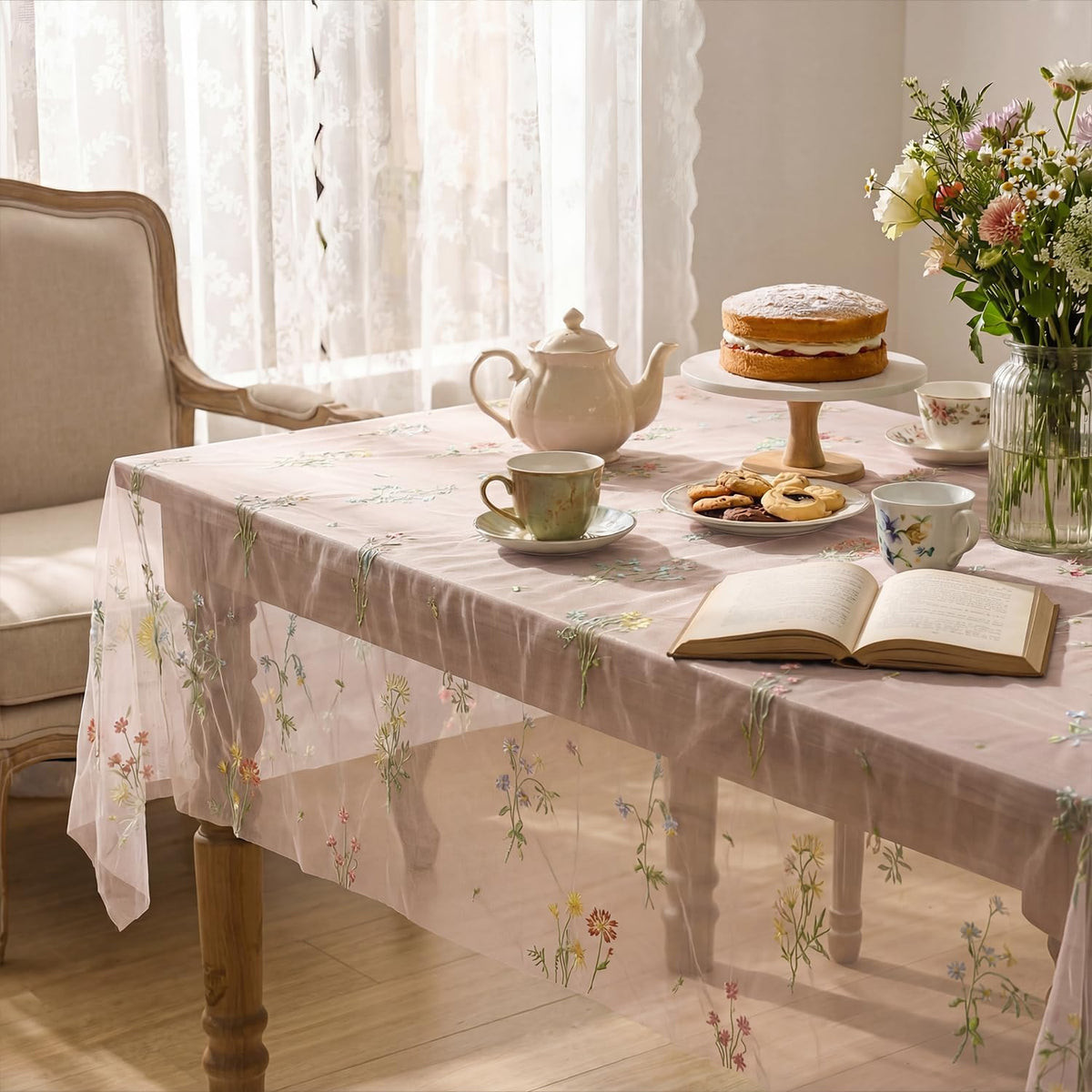 Horaldaily Embroidery Flower Plant Pink Gauze Tablecloth 60×84 Inch Rectangular, Spring Summer Tulle Table Cover, Garden Party Decorations for DIY, Wedding, Party, Holiday Dining Decor