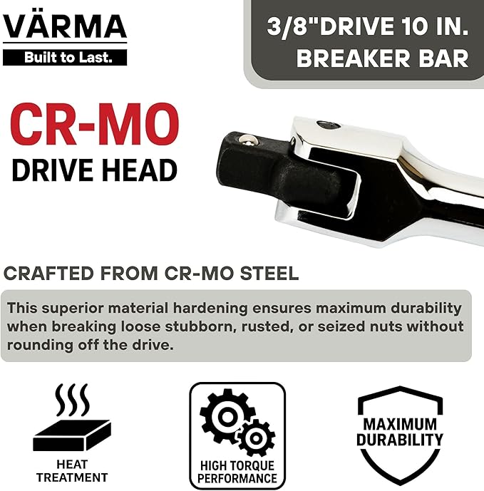 3/8-Inch Drive Breaker Bar, 10-Inch – Heavy Duty CR-MO Head & 15mm Thick Shaft – Dual-Knurled Non-Slip Grip, Constant Tension Flex Head, Premium Mirror Chrome Finish