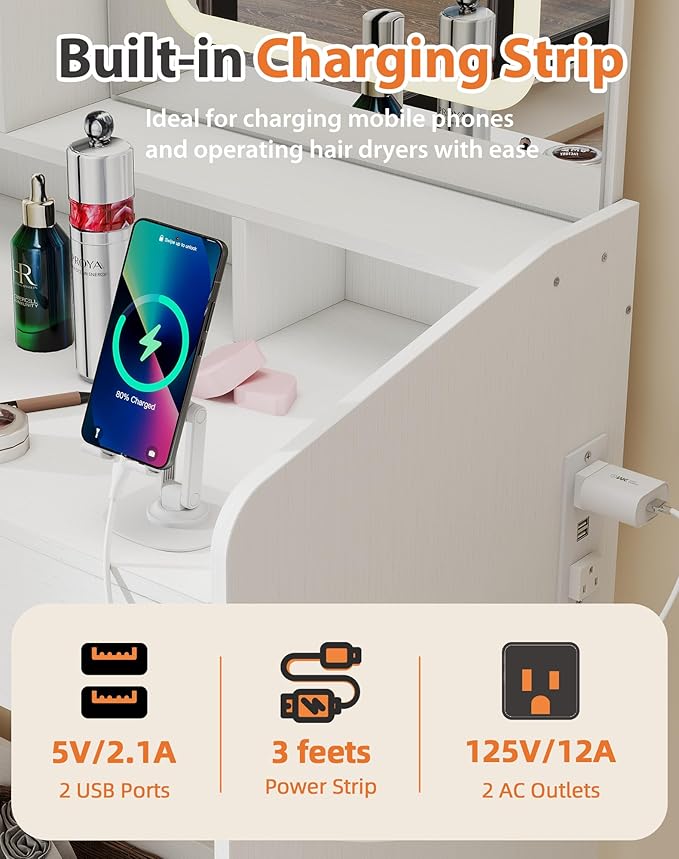 Small Makeup Vanity Desk for Girls with Lighted Mirror, 26.5” W Dressing Table with 2 Drawers and Power Outlet, 3 Light Modes & Adjustable Brightness, Vanity Table for Women Bedroom, White