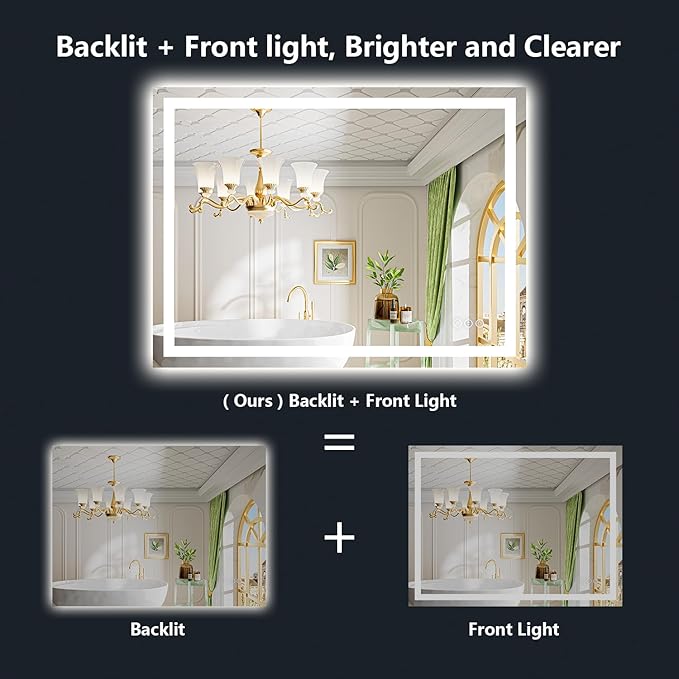 55x40 Inch LED Bathroom Mirror with Lights Front and Backlit Lighted Vanity Mirror for Bathroom Wall with 3 Colors Dimmable Anti-Fog Memory Shatter-Proof IP54 Waterproof Horizontal/Vertical
