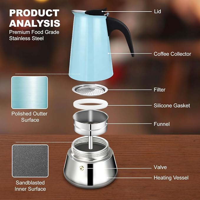 DITOSH6 Cup Stovetop Espresso Maker Stainless Steel Moka Pot Stove Top Percolator Italian Coffee Makers Capable Mocha Greca Machine Cafe Classic Induction Cookers for Home and Camping 300ml 10oz