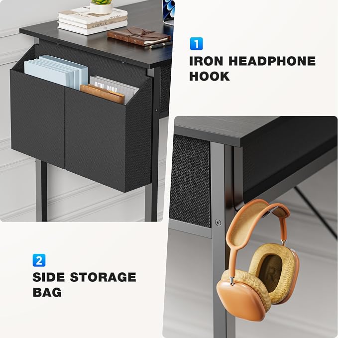 OLIXIS 32 Inch Small Desk, Computer Desk, Home Office | Fabric Drawers, Side Bag, Headphone Hook, Writing Study Work Table, Bedroom, Sleek Black