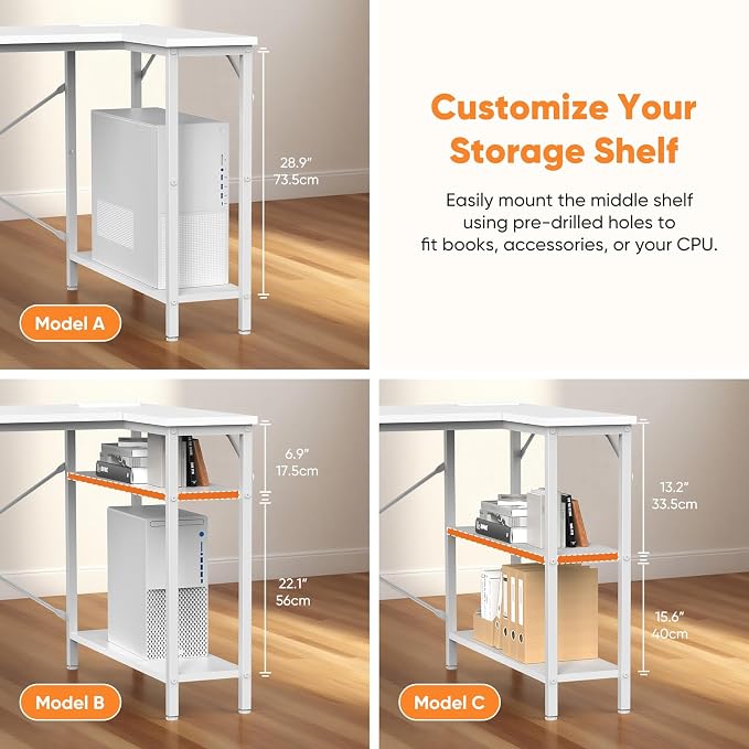 DUMOS L Shaped Desk with Power Outlet, Study Table | 47 Inch Corner Computer Gaming Unit, Adjustable Shelves, Home Office Bedroom, Modern White