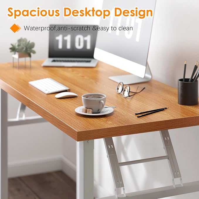 Need Office Computer Desk 54.3 Inch Sturdy Folding Laptop Table Teak | White Frame Writing Gaming Work Table/Foldable Home Office Desk/Sewing Table, No Assembly Required