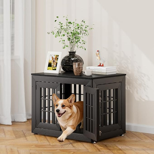 32" Heavy Duty Dog Crate Furniture for Small,Medium and Large Dogs,Rustic Wooden Dog Cage Kennel Indoor Furniture with Waterproof Top,Decorative Pet House Side End Table (Black)