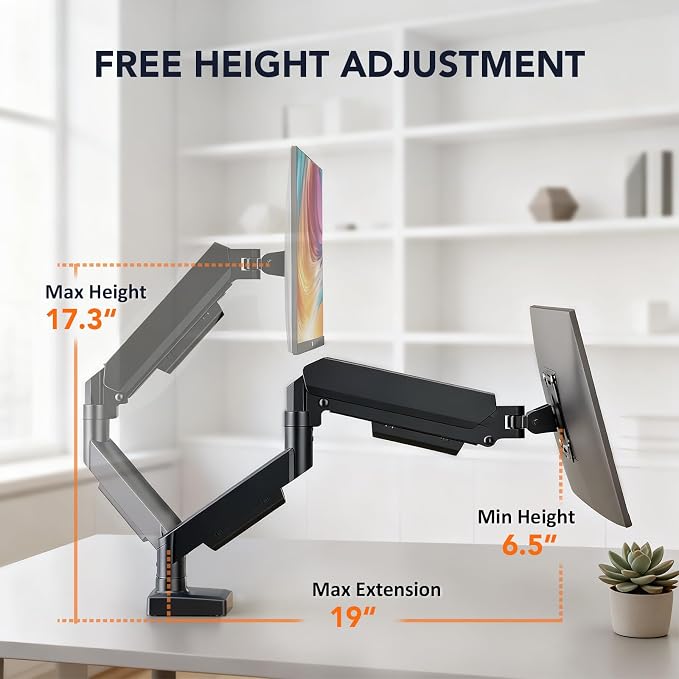 Single Monitor Mount, Gas Spring Arm for 17-32 inch Screens Adjustable Monitor Stand, Vesa Mount Stand with Clamp and Grommet Aluminum Base - Fits 4.4 to 22lbs LCD Computer Monitors HD09B-001