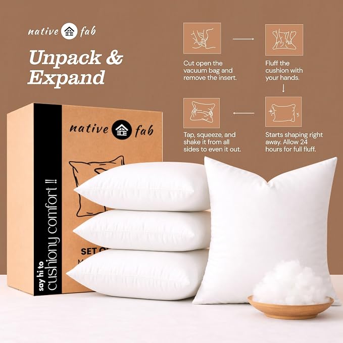 Native Fab Decorative Pillow Inserts, Pack of 4, 20x20 Inches, White Polyester, Premium Cushion Fillers for Living Room, Sofa, Bed, Chair, Plush Support & Luxurious Home Décor Accent