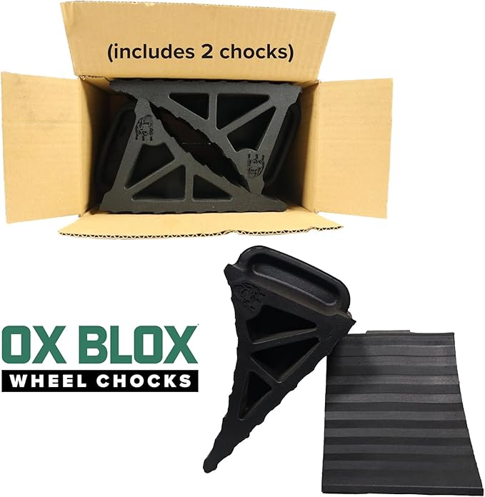 EKON OX BLOX Heavy Duty Wheel Chocks with Handle 2-Pack - Wide 6" Footprint with Grooves to Prevent Tires from Slipping - Campers, Trailers & RV Wheel Chocks - 100% Recycled Rubber Wheel Chocks