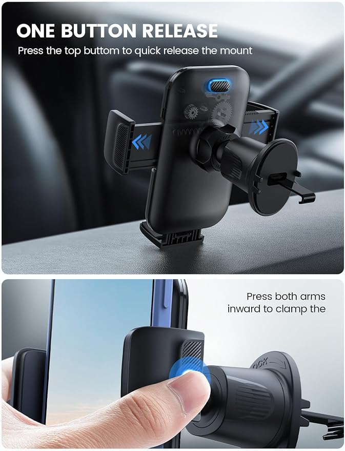 Lamicall 2026 Wider Clamp & Metal Hook Car Phone Holder Vent [Thick Cases Friendly] Phone Holders for Your Car Camera Mounts Automobile Hands Free Cradle Air Vent for iPhone 17 16 15 Pro Max Dark Grey