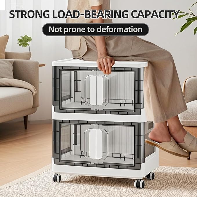 Folding Storage Organizer with Silent casters | Stackable Design for Home & Office, Heavy-Duty Plastic Storage Bin with Clear Door, 3 Sizes (19.5/23.5/27.5in),Black/White (27.6" 3 layer, White)