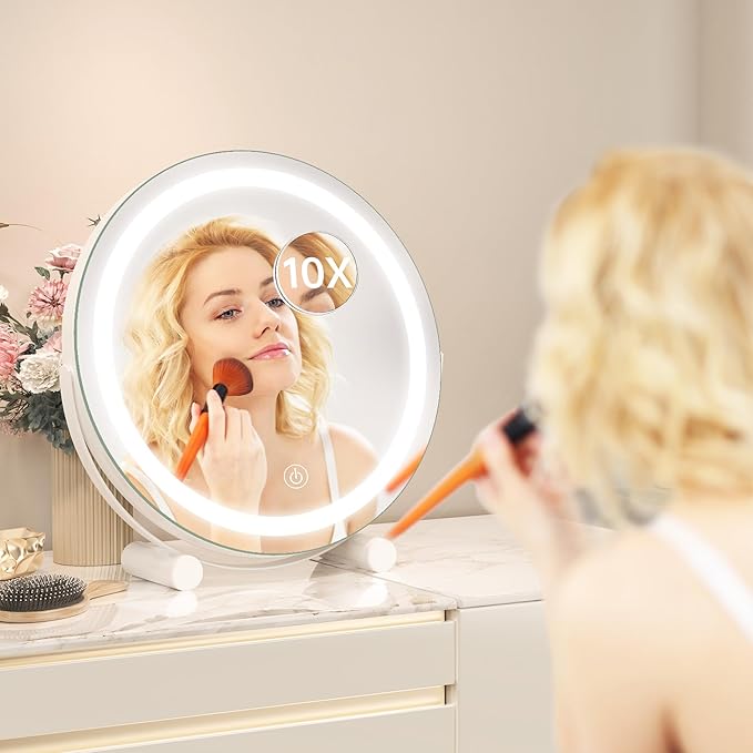 Hasipu Vanity Mirror with Lights, 11" x 11" LED Makeup Mirror with Small 10X Magnifying Mirror, Lighted Makeup Mirror with Lights, Smart Touch Control 3 Colors Dimmable Mirror White