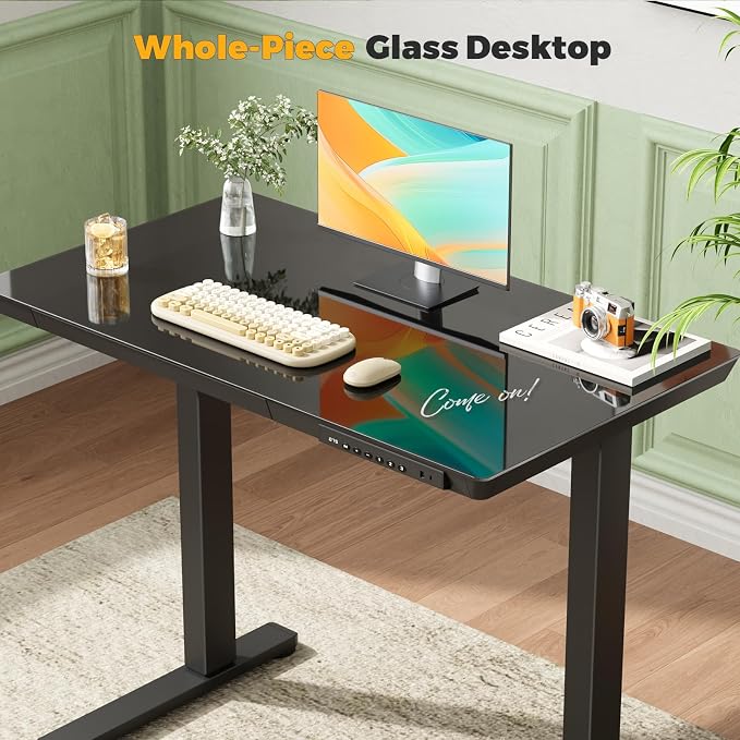 35" Electric Standing Desk with Drawer, One-Piece Glass Top | Quick Install One-Piece Tabletop with USB Charging Ports, Sit Stand Computer Desk with Wheels for Small Space, Black