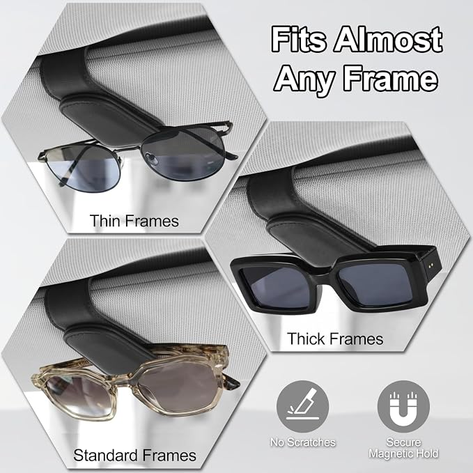 CHOSMOYI Magnetic Leather Sunglass Holder for Car, Sunglasses Clip for Car Visor, Auto Interior Accessories Universal for Different Size Eyeglasses (Black)